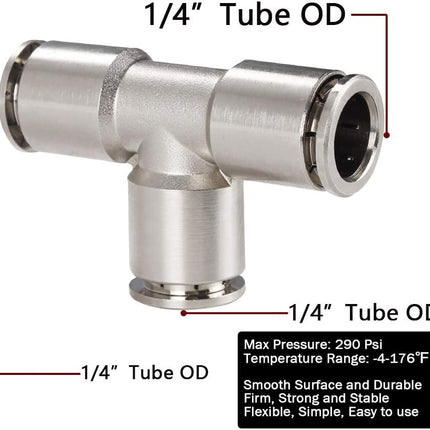 Push to Connect Tube Fitting Union Tee, Copper Nickle-Plated 1/4" Tube OD 3 Way Tee Shaped Union Adapter Fitting (Pack of 2)