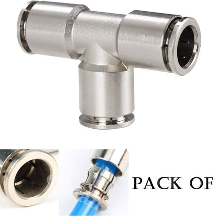 Push to Connect Tube Fitting Union Tee, Copper Nickle-Plated 1/4" Tube OD 3 Way Tee Shaped Union Adapter Fitting (Pack of 2)