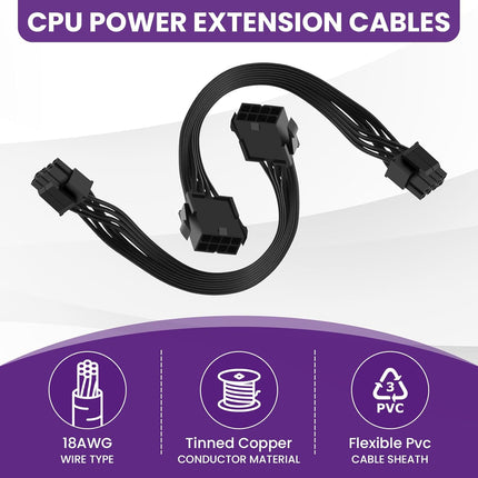 2 Pack CPU 8 Pin ATX Power Extension Cable, EPS 8 PIN Male (4+4) to 8 PIN Female Power Extension Cable for Motherboard, 9 Inch