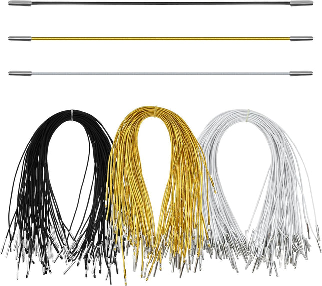 150Pcs 11.8 Inch Elastic Barbed Cords with Metal Ends 3-Color (Black/White/Gold) Soft Stretch Round