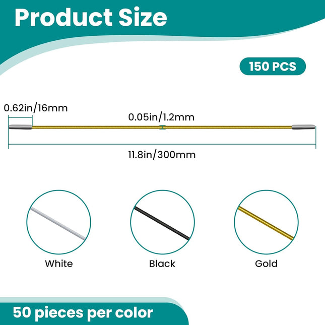 150Pcs 11.8 Inch Elastic Barbed Cords with Metal Ends 3-Color (Black/White/Gold) Soft Stretch Round – product detail