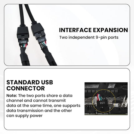 2Pcs Motherboard 9 Pin USB 2.0 to Dual 9 Pin Extension Splitter, USB 2.0 Header Splitter Nylon Braided Cable for PC Computer Internal Motherboard USB Hub, Black