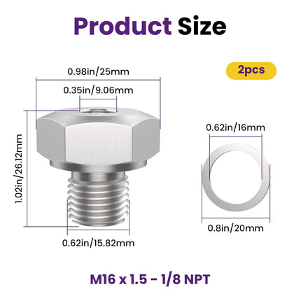 2Pcs Oil Pressure Sensor Adapter | M16x1.5 to 1/8" NPT | LS Swap Sensor Fitting | for LS Series Engines (LS1, LSX, LS3, 4.2L, 4.3L, 4.8L, 5.3L, 6.0L, 6.2L)