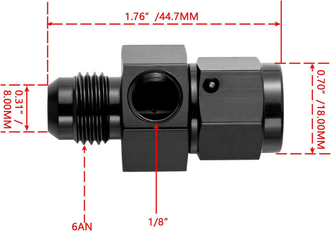 6AN Male Flare to -6 Female Swivel with 1/8 NPT Gauge Port Fuel Pressure Take Off Fitting Adapter Aluminum – product detail