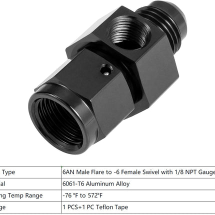 6AN Male Flare to -6 Female Swivel with 1/8 NPT Gauge Port Fuel Pressure Take Off Fitting Adapter Aluminum