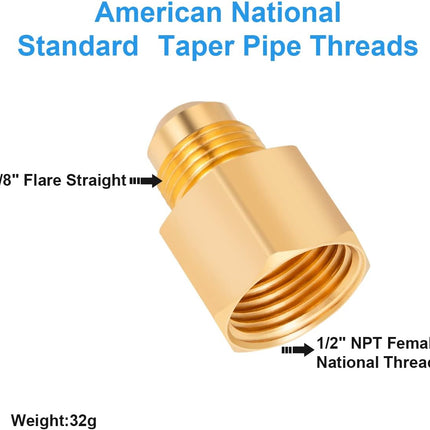 2PCS Flare Brass Tube Fitting, Coupling Gas Adapter 3/8" Flare x 1/2" Female NPT Pipe