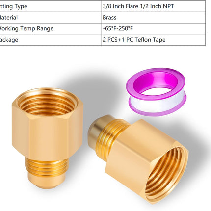 2PCS Flare Brass Tube Fitting, Coupling Gas Adapter 3/8" Flare x 1/2" Female NPT Pipe