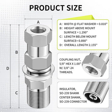 Cb Radio Antenna Heavy Duty So-239 Stud Mount Cb Antenna Standard 3/8 x 24 Threaded Stud Mount Adapter Accessories for Any 1/2" Hole