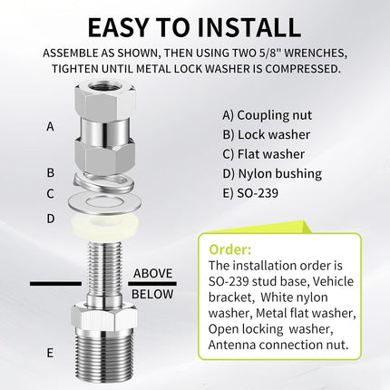 Cb Radio Antenna Heavy Duty So-239 Stud Mount Cb Antenna Standard 3/8 x 24 Threaded Stud Mount Adapter Accessories for Any 1/2" Hole