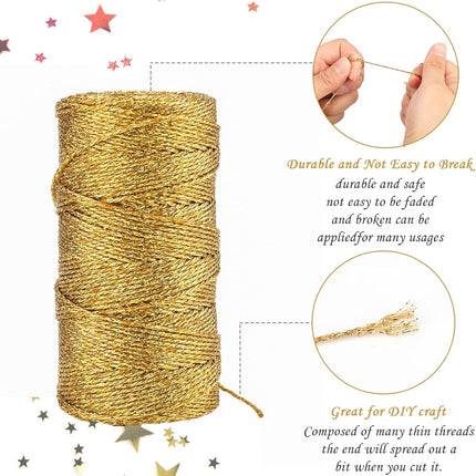 328 Feet Gold String Twine - 1.5mm Metallic Ornament Thread Gift Wrapping - Inelastic Macrame Glitter Gold Cord for Gift Wrapping, DIY Crafts, Bracelets