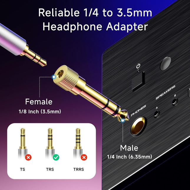 5-Pack 1/4 to 1/8 Headphone Adapter 6.35mm to 3.5mm Adapter Male to Female Gold Plated Stereo Headphone – product detail