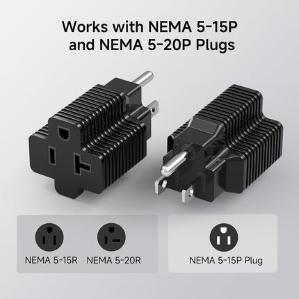3-Pack 15 Amp to 20 Amp Adapter Plug, 20A to 15A Plug Adapter (NEMA 5-15 to 5-20R) in Black