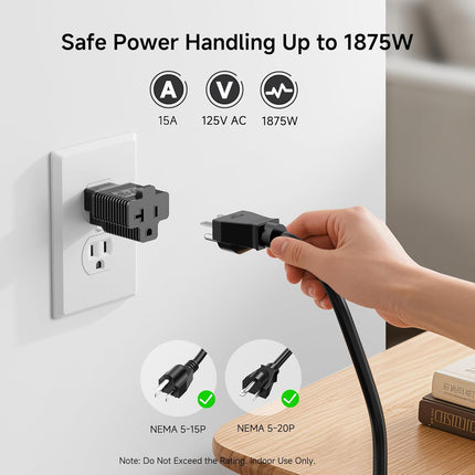 3-Pack 15 Amp to 20 Amp Adapter Plug, 20A to 15A Plug Adapter (NEMA 5-15 to 5-20R) in Black