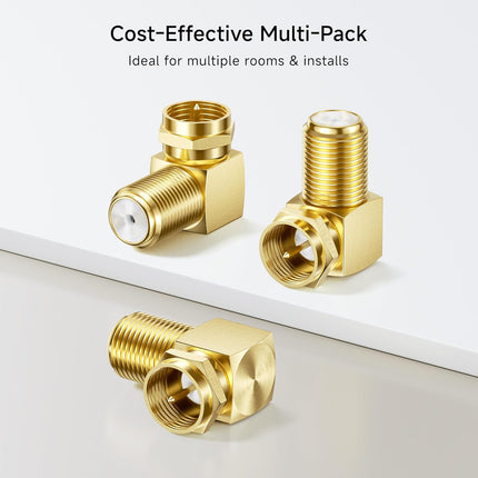 3-Pack Gold-Plated F-Type Right Angle RG6 Coaxial Adapter (90 Degree Coaxial Connector, Male to Female Coax Cable Connector)