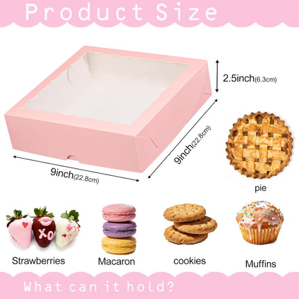 Pie Boxes Pink Bakery Boxes with Window (12pcs, 9x9x2.5 Inch) for Christmas: Ideal for Pie, Cookies, Chocolate Covered Strawberries, Breakable Heart & Charcuterie