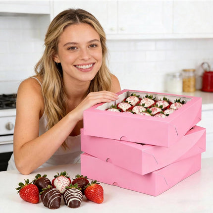 Pie Boxes Pink Bakery Boxes with Window (12pcs, 9x9x2.5 Inch) for Christmas: Ideal for Pie, Cookies, Chocolate Covered Strawberries, Breakable Heart & Charcuterie