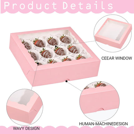 Pie Boxes Pink Bakery Boxes with Window (12pcs, 9x9x2.5 Inch) for Christmas: Ideal for Pie, Cookies, Chocolate Covered Strawberries, Breakable Heart & Charcuterie