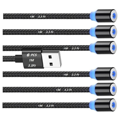 Magnetic Charging Cable 6pcs,Just 360°Rotate Magnetic Cables Without Magnetic Charging Tips,[3.3ft/1m,2.4 A Max 3in1 Nylon Braid Cord(3.3ft/Black), 6PC/3.3ft/Black