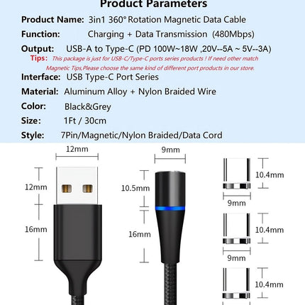 Magnetic Charging Cable 7Pin Sereis 2Pack 1Ft USB-C Short Cable Sets–Fast Charging Compatible for USB Type-C Devices(2PCS/1FT/360°7Pin/Black)