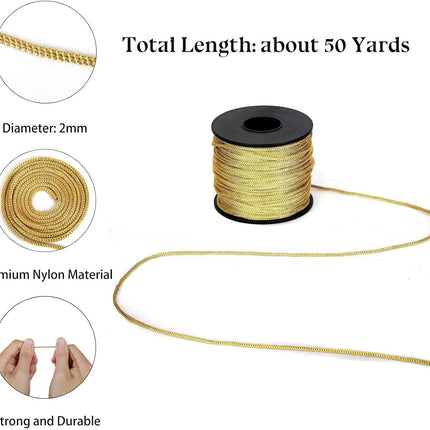 Nylon Satin Cord, 2mm 50 Yards Braided Lift Shade Cord for Necklace Bracelet String Cord, Blind Shade, Trim and Shoelaces (Gold)