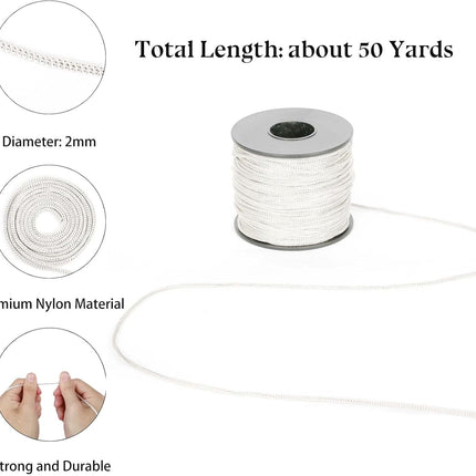 Nylon Satin Cord, 2mm 50 Yards Braided Lift Shade Cord for Necklace Bracelet String Cord, Blind Shade, Trim and Shoelaces (White)