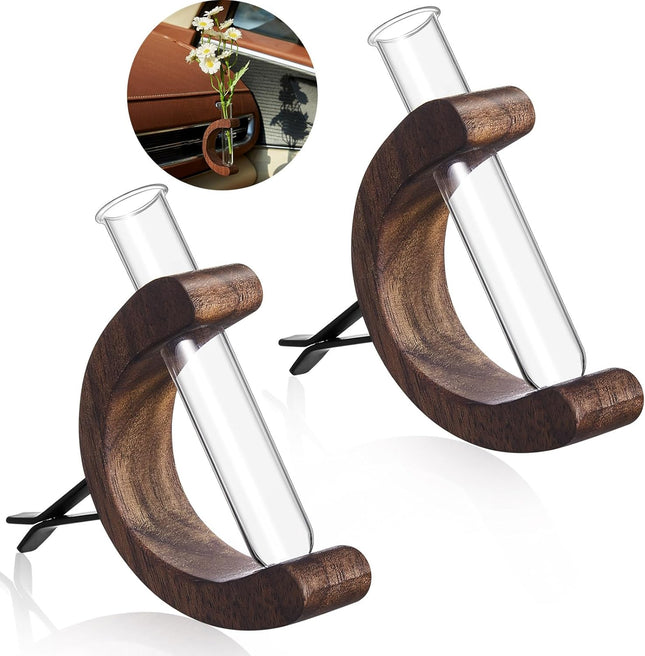 2 Pcs Mini Glass Car Flower Vase Clip Holder Car Propagation Vase Vent Clip Plant Holder (Walnut