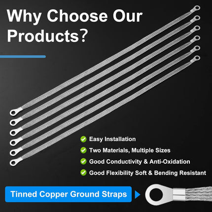 12 Pcs Ground Straps Automotive 20 Inch Universal Engine Ground Strap Kit with Ring Terminals Braided Tinned Copper Grounding Wire Automotive Cable Connectors for Most Cars Vehicle, Silver