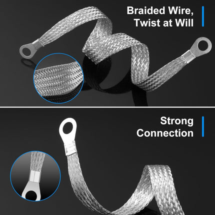 12 Pcs Ground Straps Automotive 20 Inch Universal Engine Ground Strap Kit with Ring Terminals Braided Tinned Copper Grounding Wire Automotive Cable Connectors for Most Cars Vehicle, Silver