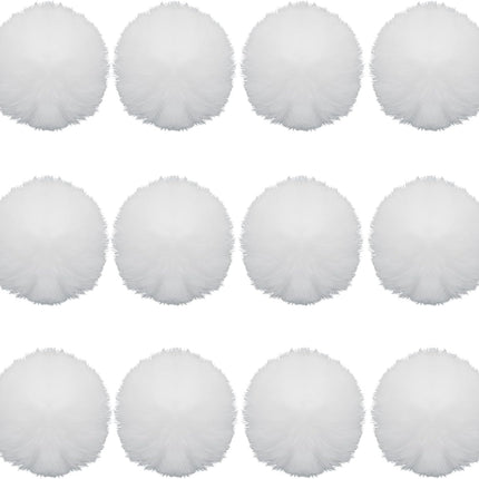 12 Pack Small Faux Fur Pom Pom Balls, 2.75 inch Fluffy Pompom Ball Elastic Loop Accessories, White Pompoms for Hats/Shoes/Scarves/Gloves/Bags