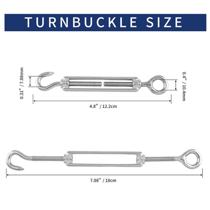 5pcs M5 Stainless Steel 304 Hook & Eye Turnbuckles Adjustable Wire Rope Tensioner