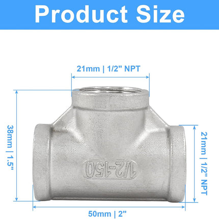 2 PCS 1/2 Inch Female NPT Tee Pipe Adapter Cast Pipe Fitting, Stainless Steel 3-Way T Shaped Pipe Fitting Adapter