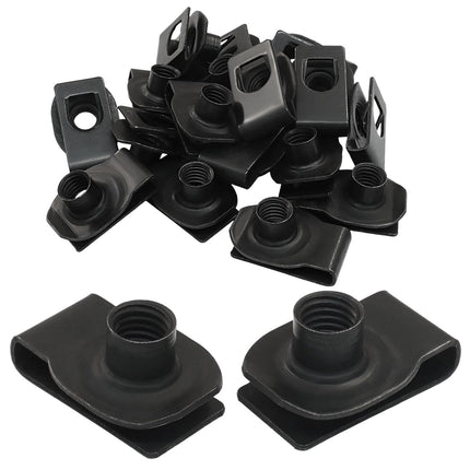25 Pcs Extruded U Type Nuts, M10 Bumper Fender U Style Clip on Nut Black Fasteners, Spring Nuts for Automotive Metal Fender/Grill Retainer Clips