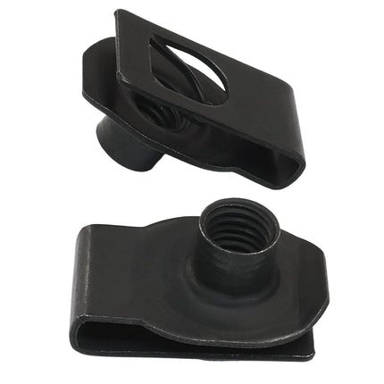25 Pcs Extruded U Type Nuts, M10 Bumper Fender U Style Clip on Nut Black Fasteners, Spring Nuts for Automotive Metal Fender/Grill Retainer Clips