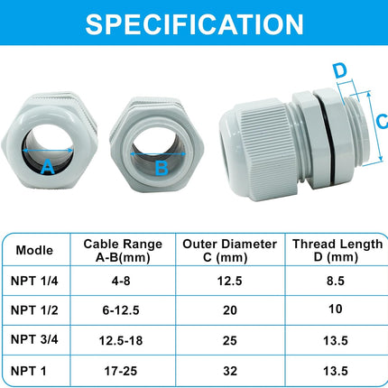 5 Pcs 3/4" NPT Cable Glands Waterproof Strain Relief Cord Connector Grip Adjustable Cable Connectors Cable Gland Joints Wire Protectors, Grey