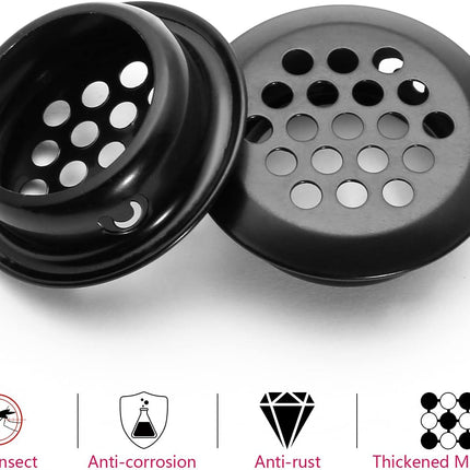 10pcs Black Circular Soffit Air Vents, 3/4" / 19mm Round Mesh Hole Stainless Steel Louver Vent for Wardrobe Shoe Cabinet