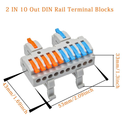 6Pcs DIN Rail Terminal Blocks 28-12AWG Quick Wiring Cable Terminal Blocks Splicing Wire Connectors for Circuit Inline (2 in 10 Out)