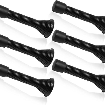6 Pack Spring Door Stoppers with Rubber Bumper, 3 to 4 Inch Adjustable Spring Steel Door Stoppers, Flexible Wall Door Stops（Black）
