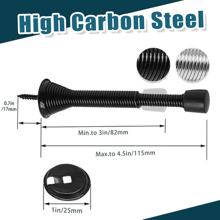 6 Pack Spring Door Stoppers with Rubber Bumper, 3 to 4 Inch Adjustable Spring Steel Door Stoppers, Flexible Wall Door Stops（Black）