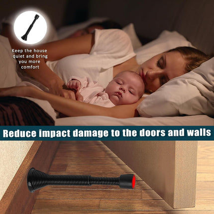 6 Pack Spring Door Stoppers with Rubber Bumper, 3 to 4 Inch Adjustable Spring Steel Door Stoppers, Flexible Wall Door Stops（Black）