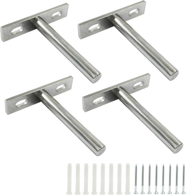 4 Pcs Hidden Floating Shelf Brackets 3 Inch Silver Steel Wall Mount Screws and Wall Plugs Included
