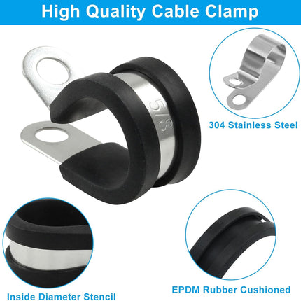 20 PCS 5/8 Inch Cable Clamp 304 Stainless Steel Pipe Clamp, Rubber Cushioned Insulated