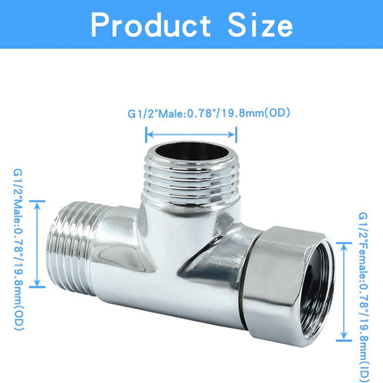 G1/2" 3 Way Diverter Valve, Solid Brass Tee Adapter Connection for Bath Shower Arm, Bidet Sprayer Faucet (Silver)