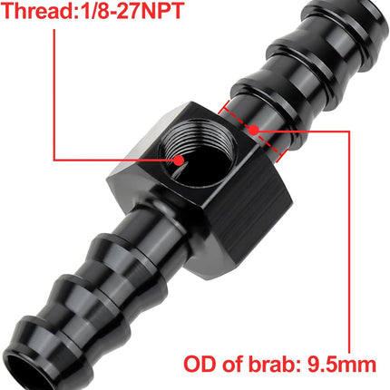 3/8 Barb Fuel Pressure Gauge Fitting Adapter with 1/8" NPT Sensor Gage Port Aluminum Black