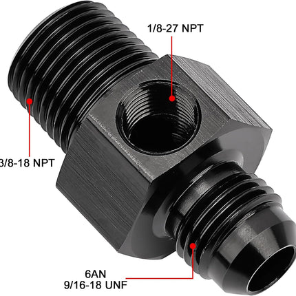 6AN to 3/8 NPT with 1/8" NPT gauge port Fuel Pressure Take off Fitting Adapter Aluminum
