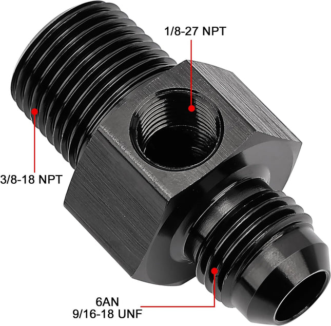 6AN to 3/8 NPT with 1/8 NPT gauge port Fuel Pressure Take off Fitting Adapter Aluminum – product detail