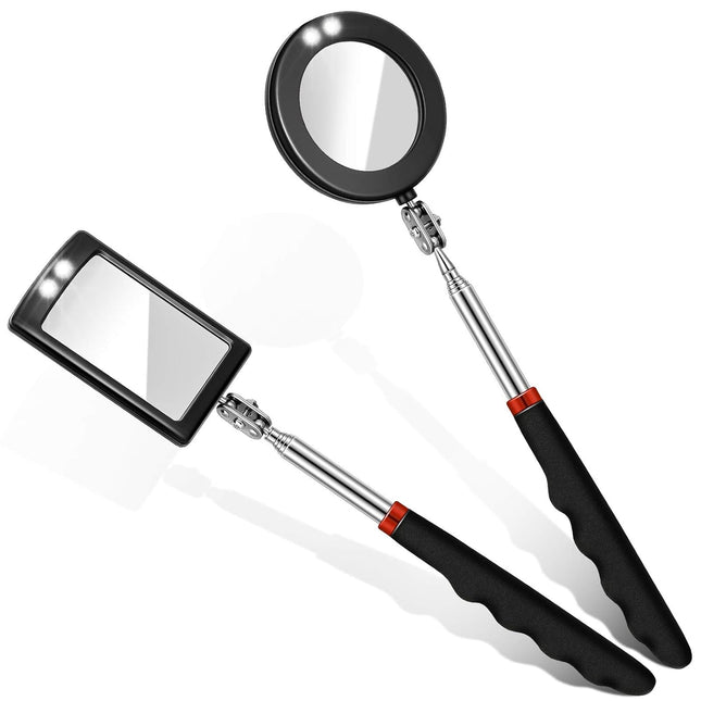 2 Pieces LED Mirror Inspection Telescoping Round Square Mirror Inspection Tool for Check The Condition