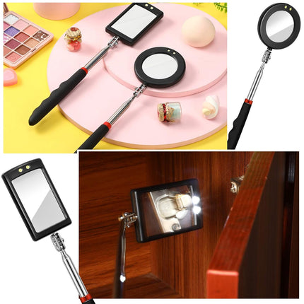 2 Pieces LED Mirror Inspection Telescoping Round Square Mirror Inspection Tool for Check The Condition of Vehicle, Observe The Eyelashes, Mouth and Other Small Parts