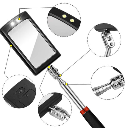 2 Pieces LED Mirror Inspection Telescoping Round Square Mirror Inspection Tool for Check The Condition of Vehicle, Observe The Eyelashes, Mouth and Other Small Parts