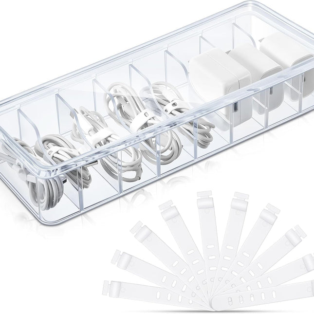 1 Pcs Cable Organizer Box with Wire Ties, Plastic Cord Storage Box with Lid, Electronics Organizer for Home Office Desk Organizers and Accessories (Clear)