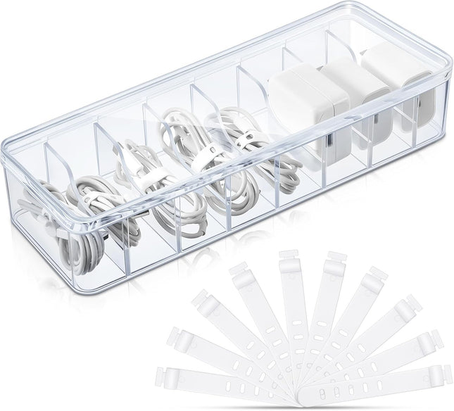 1 Pcs Cable Organizer Box with Wire Ties Plastic Cord Storage Box with Lid Electronics Organizer